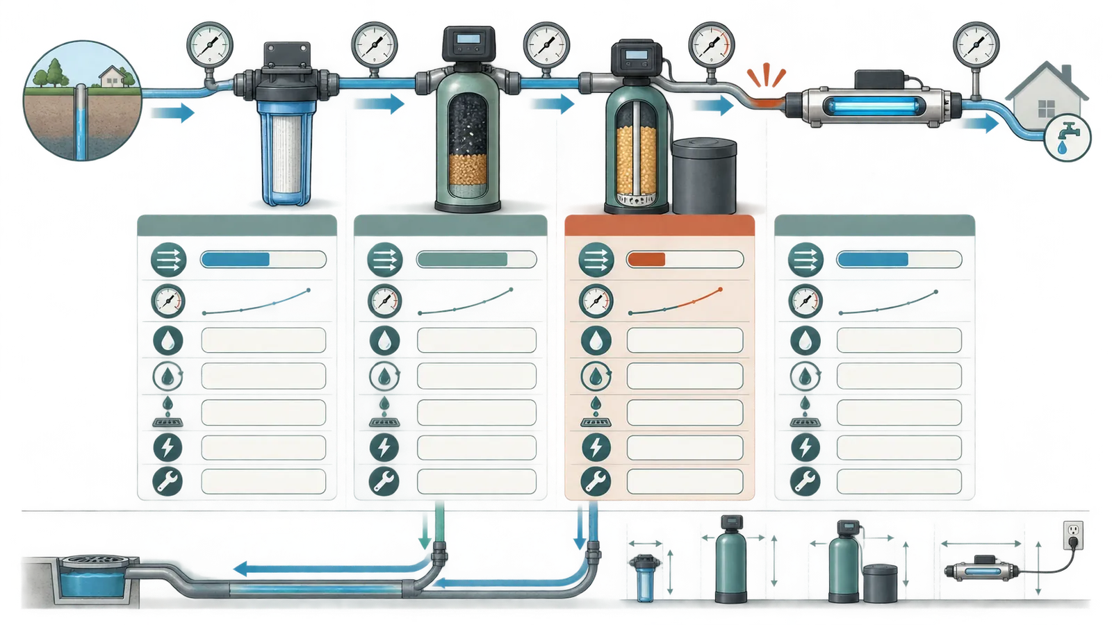 Comparison of service-flow pressure drop and regeneration drain demands across treatment stages