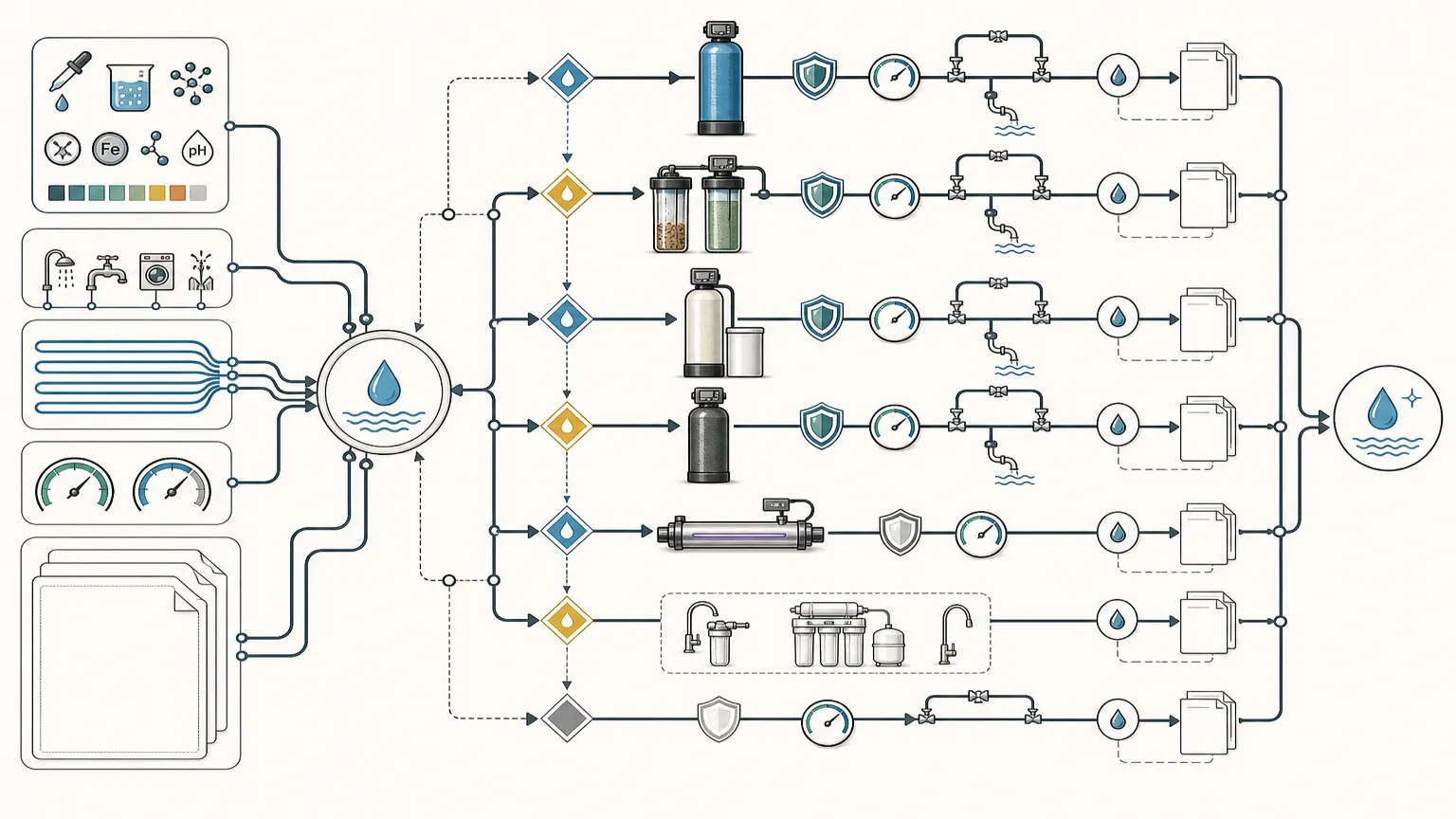 Decision map from lab result and water use to pressure tank, pretreatment, conditioning, UV, and point-of-use branches