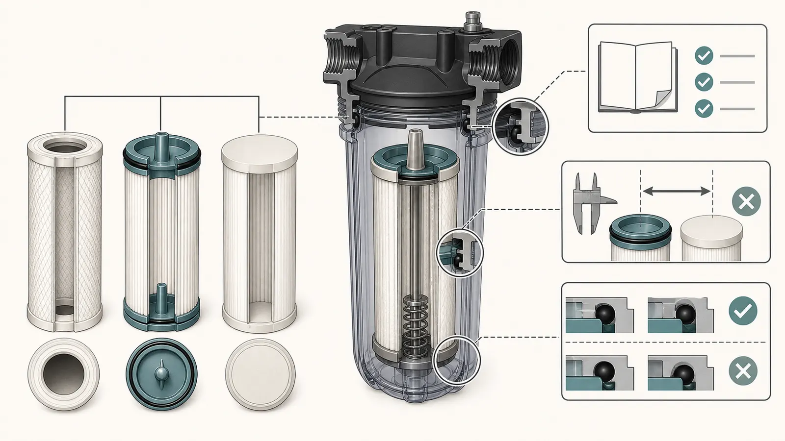 Cartridge cutaway showing DOE, SOE, O-ring, gasket, spear, cap, spring, and housing sealing surfaces