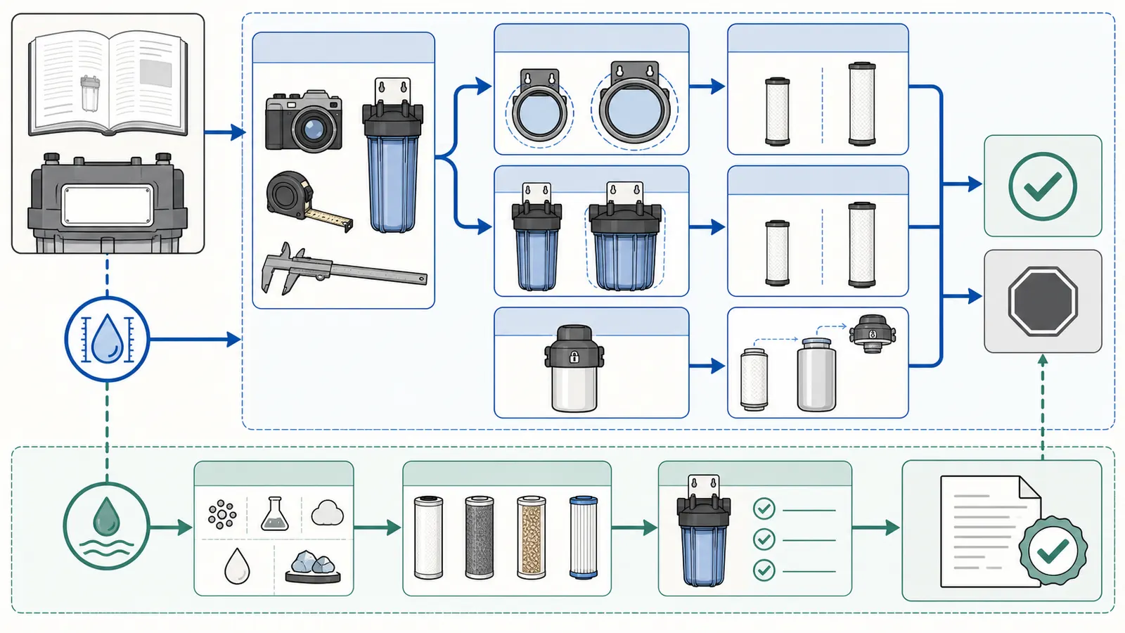 Decision map from housing label and photographs to verified cartridge specification or a safe stop