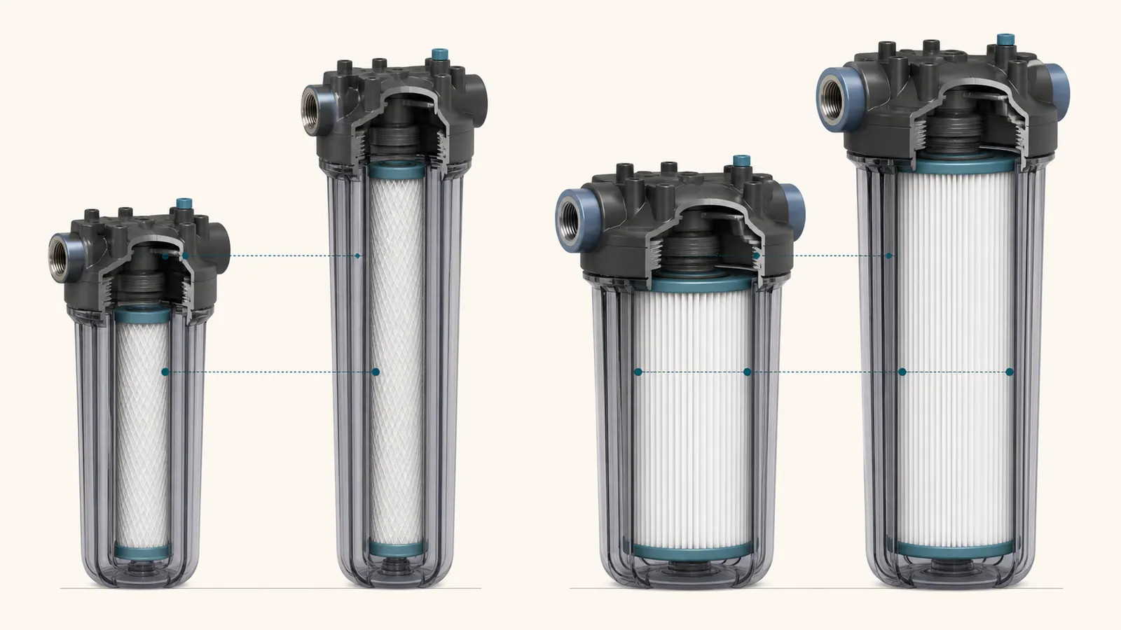 Side-by-side comparison of a standard slim cartridge and a wider Big Blue cartridge in matching housings