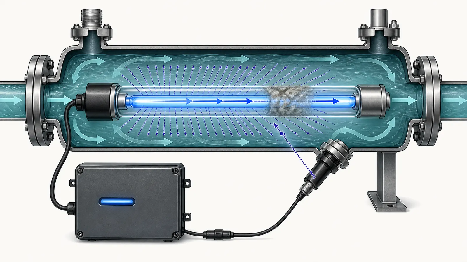 Cutaway of a UV reactor showing lamp, quartz sleeve, water path, sensor, and controller