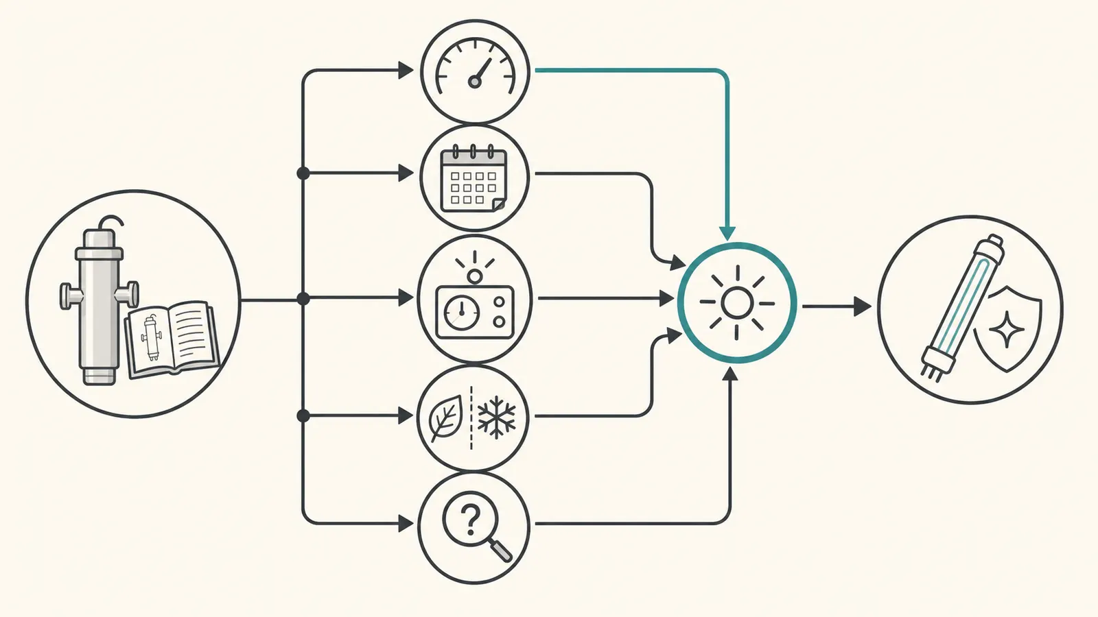 Decision map from exact UV model manual to rated hours, timer alert, seasonal rule, or professional service
