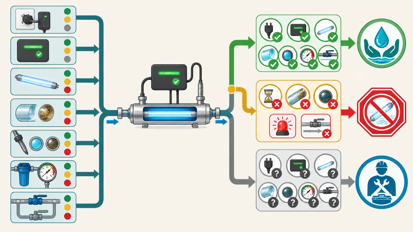 A maintenance and alarm path from lamp, sleeve, filter, and power checks to safe water-use decisions.