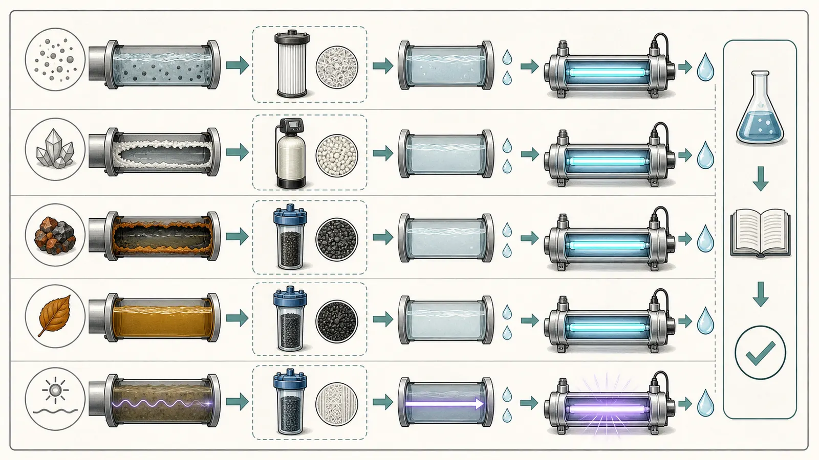A comparison of pretreatment needs for sediment, hardness, iron, manganese, turbidity, tannins, and low UV transmittance.
