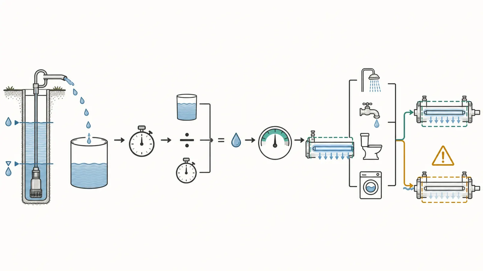 A flow-sizing worksheet graphic showing drawdown divided by cycle time multiplied by 60 and compared with the UV rating.