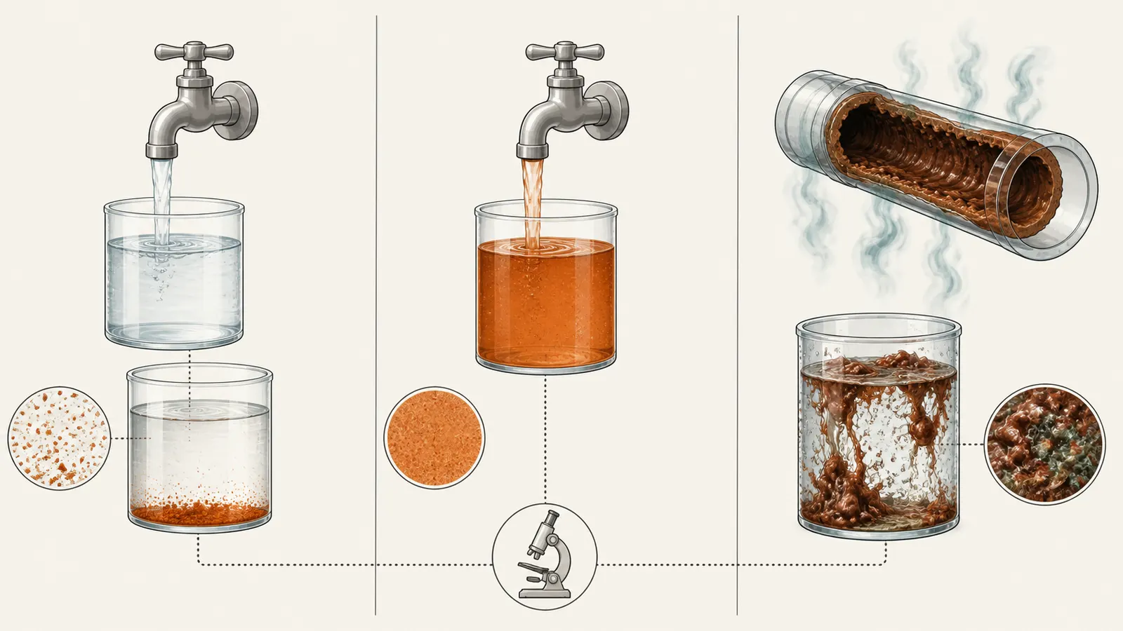 Comparison of clear-water, red-water, and iron-bacteria clues in a glass and fixture