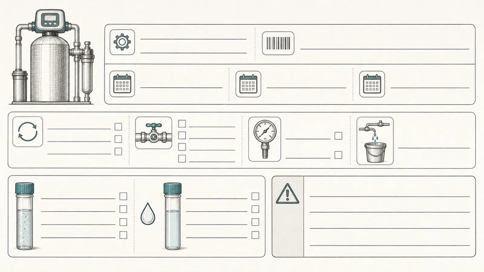 One-page evidence worksheet with model, dates, pressure, drain, sample, and service fields