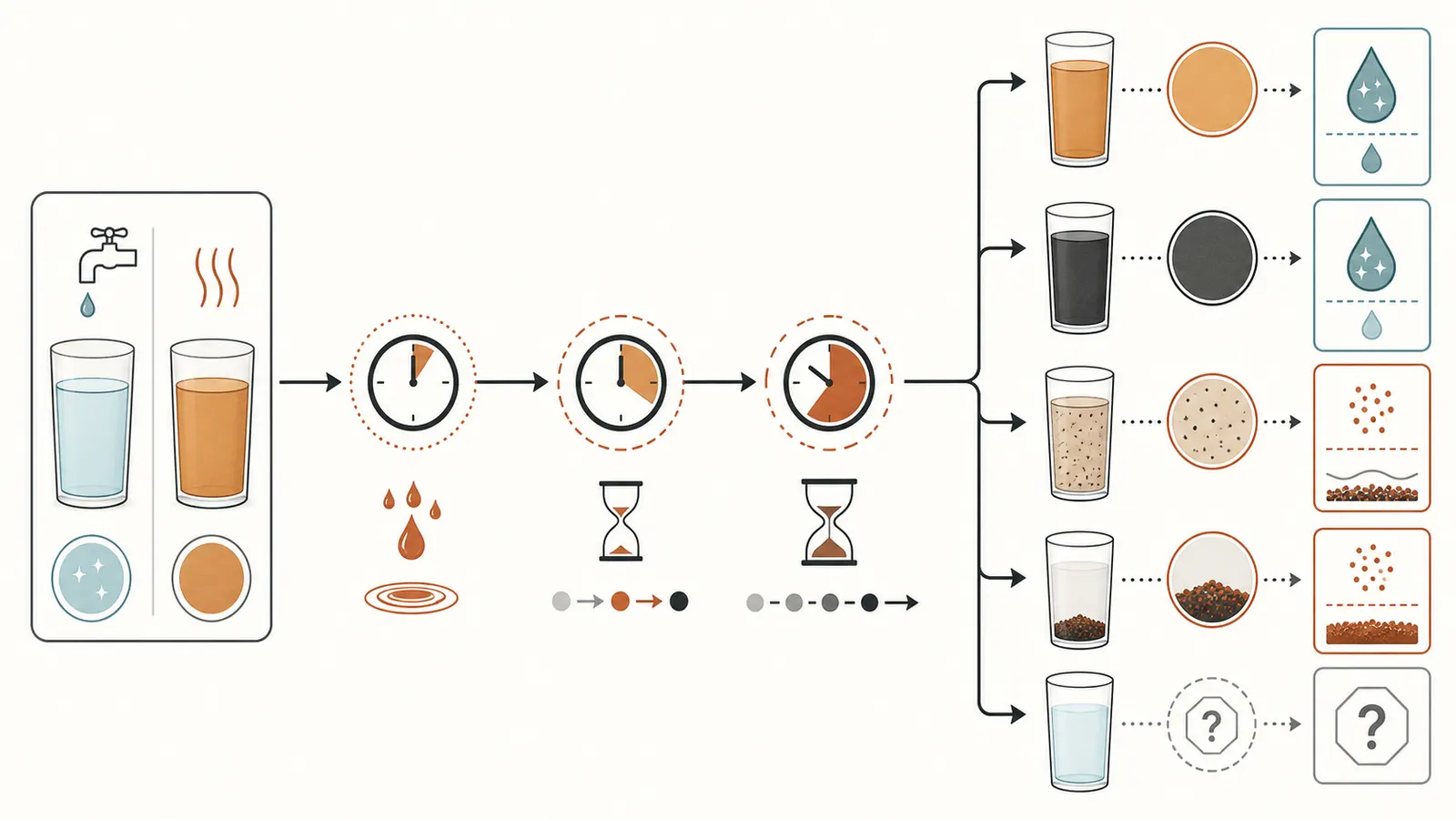 Decision map comparing clear-at-collection water with water that is colored immediately or changes after standing