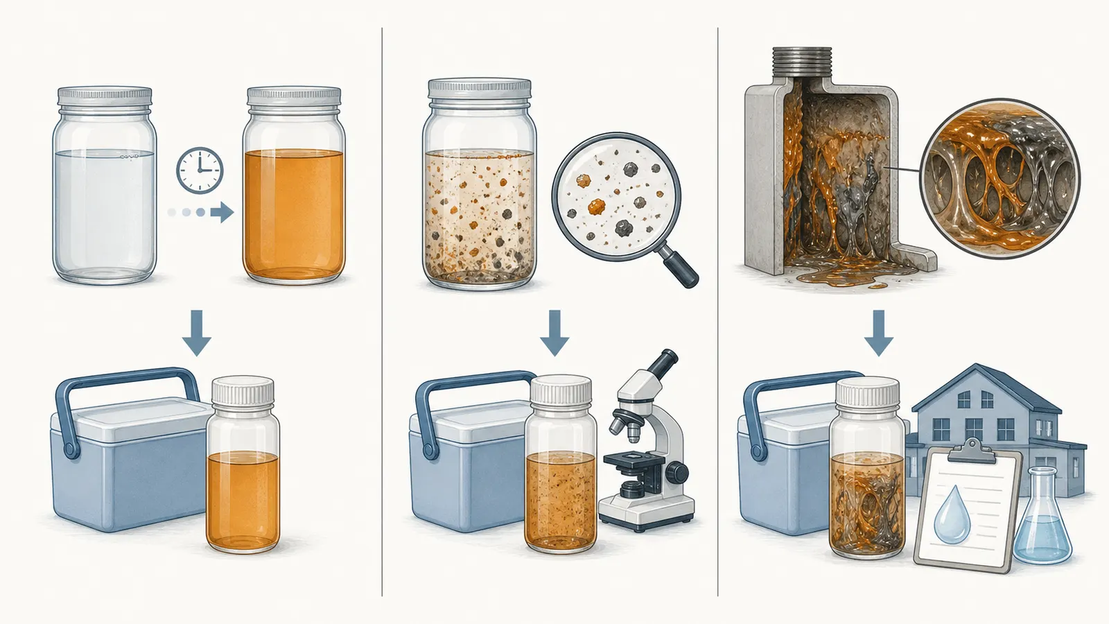 Side-by-side comparison of mineral particles, dissolved-metal color change, and gelatinous iron-bacteria slime