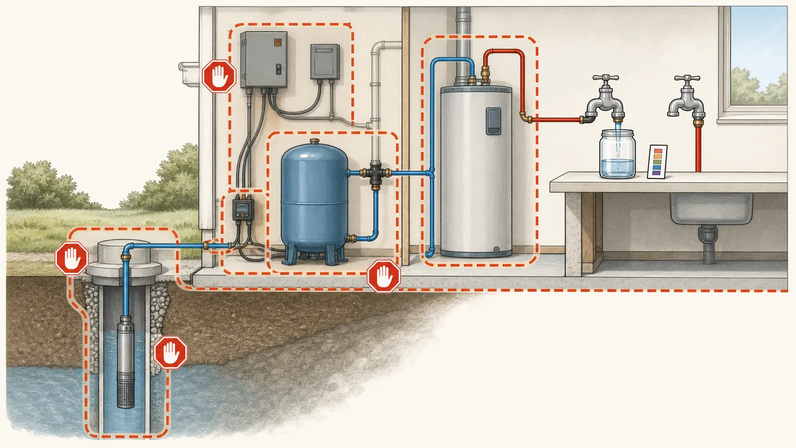 Safe observation boundary around a private-well pressure tank, water heater, energized controls, and wellhead