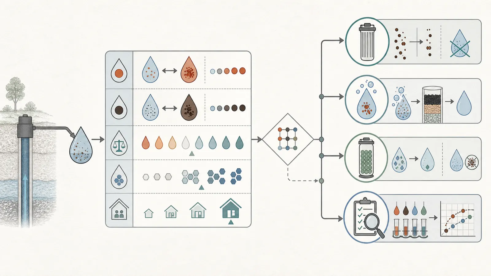 Treatment shortlist branching from dissolved or oxidized form, concentration, pH, and whole-house coverage