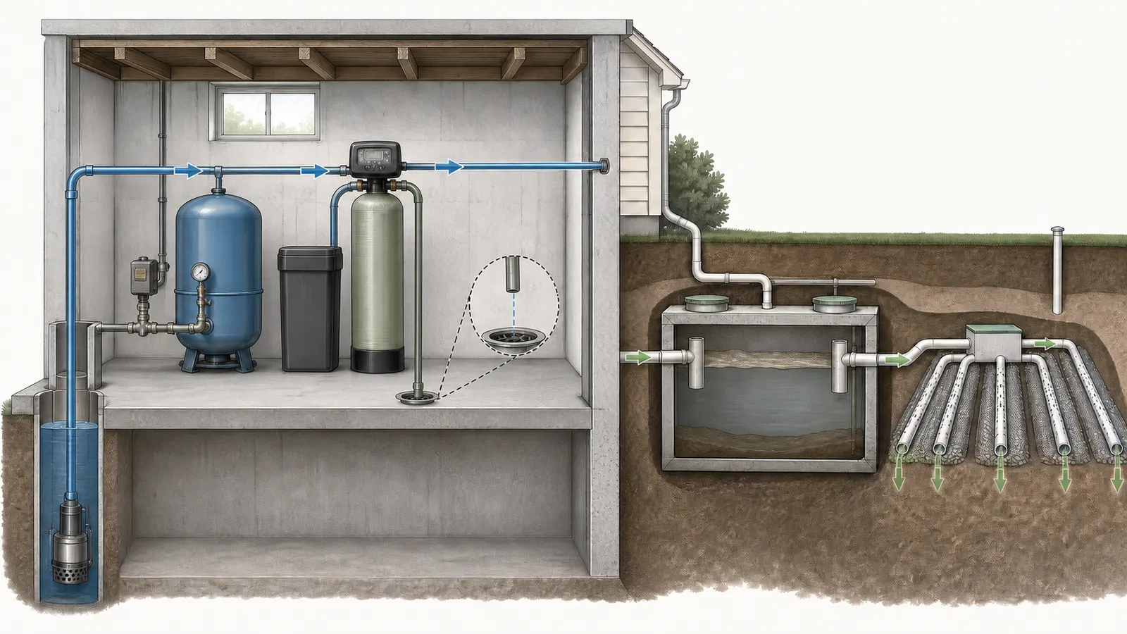 Cutaway showing a filter drain with air gap, floor drain or sump, and separate septic load check