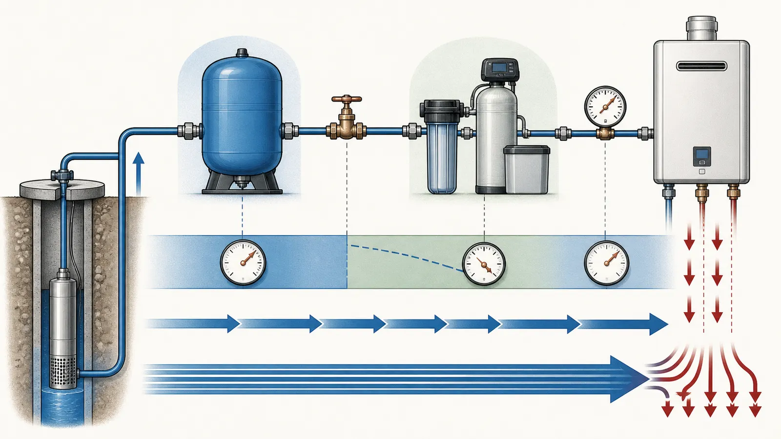 Diagram tracing well water from pump and pressure tank through treatment equipment to the tankless heater