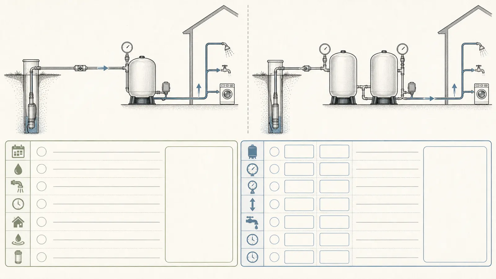 Before-and-after worksheet for pressure, drawdown, flow demand, pump time, and recovery