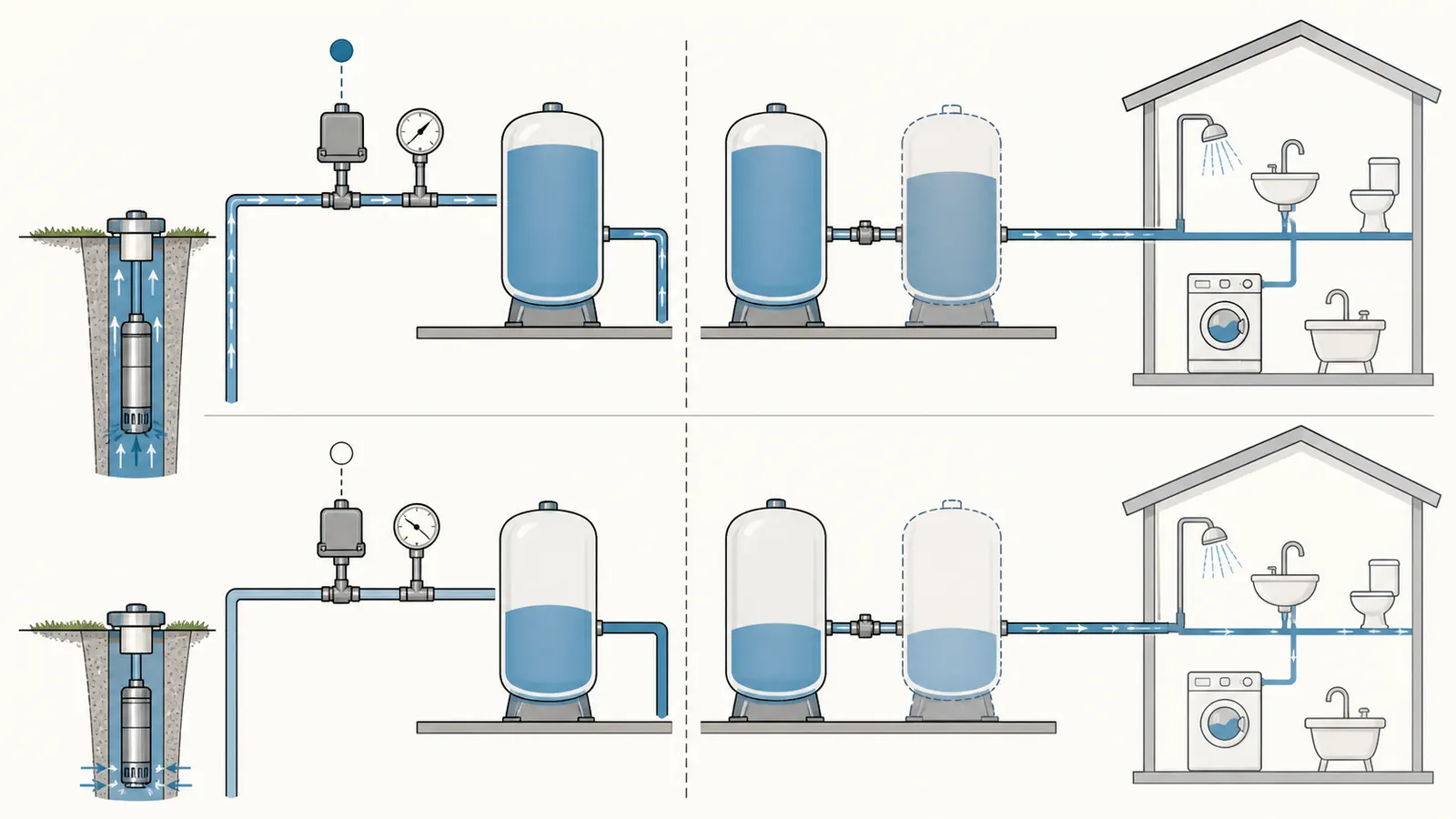 Diagram showing a pressure tank supplying drawdown between pump cut-out and cut-in