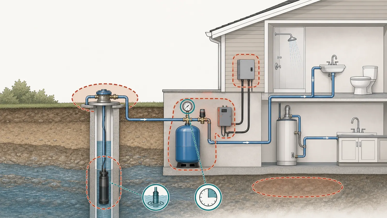 Cutaway of a well system with homeowner observation points and professional-only service zones