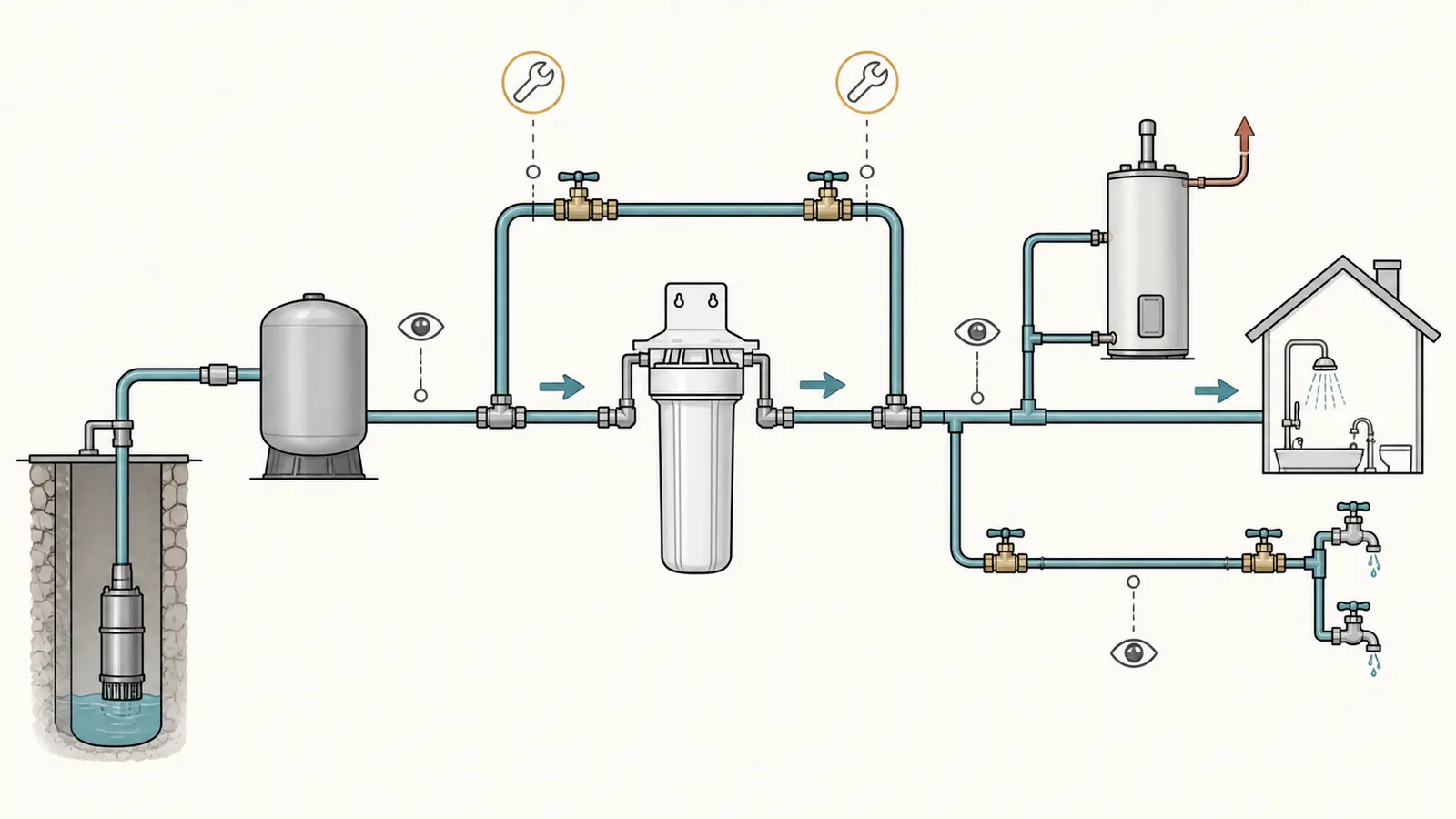 Pressure-tank protection stack with manual, freeze, relief, support, and service checks
