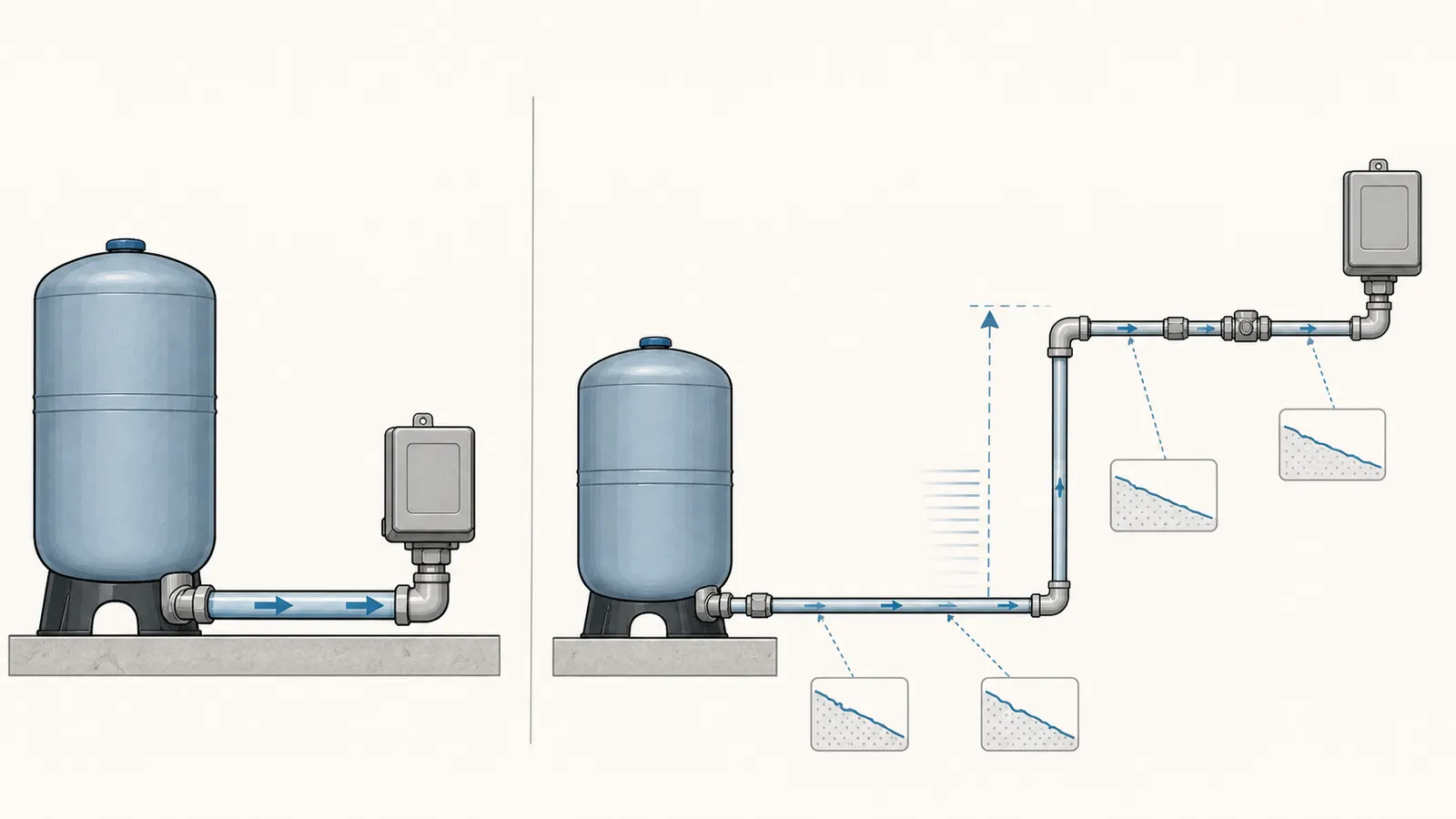 Comparison of short same-size pipe route versus long reduced or elevated route