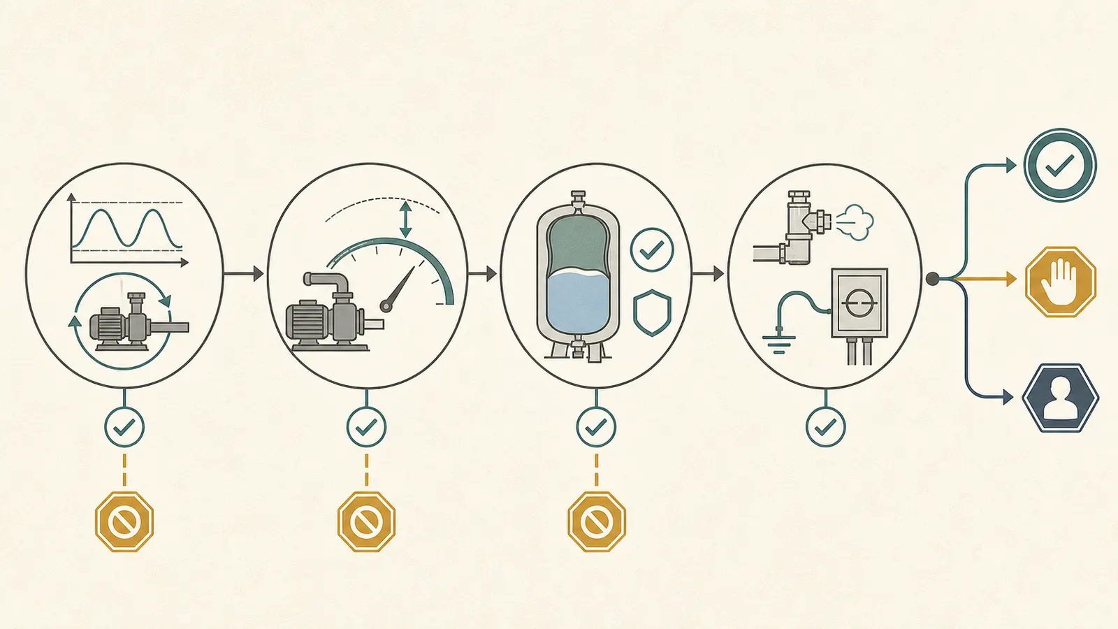 Four-gate decision map for pump capacity, tank condition, protection, and system fit