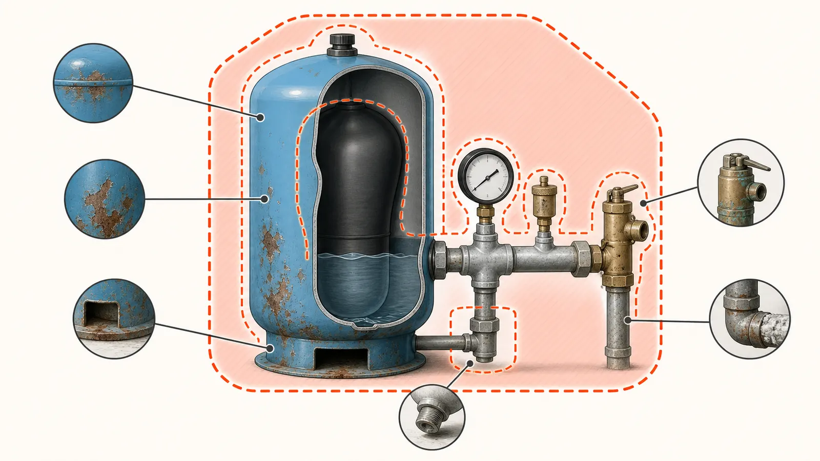 Pressure tank cutaway with safe observation points and stop conditions for corrosion or lost air
