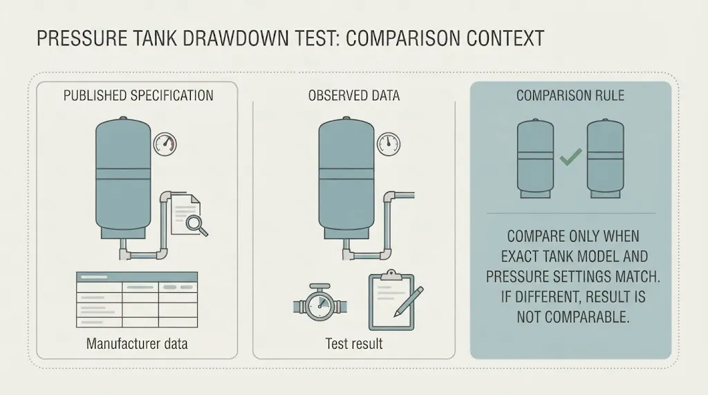Matched pressure-tank comparison between published drawdown and observed gallons