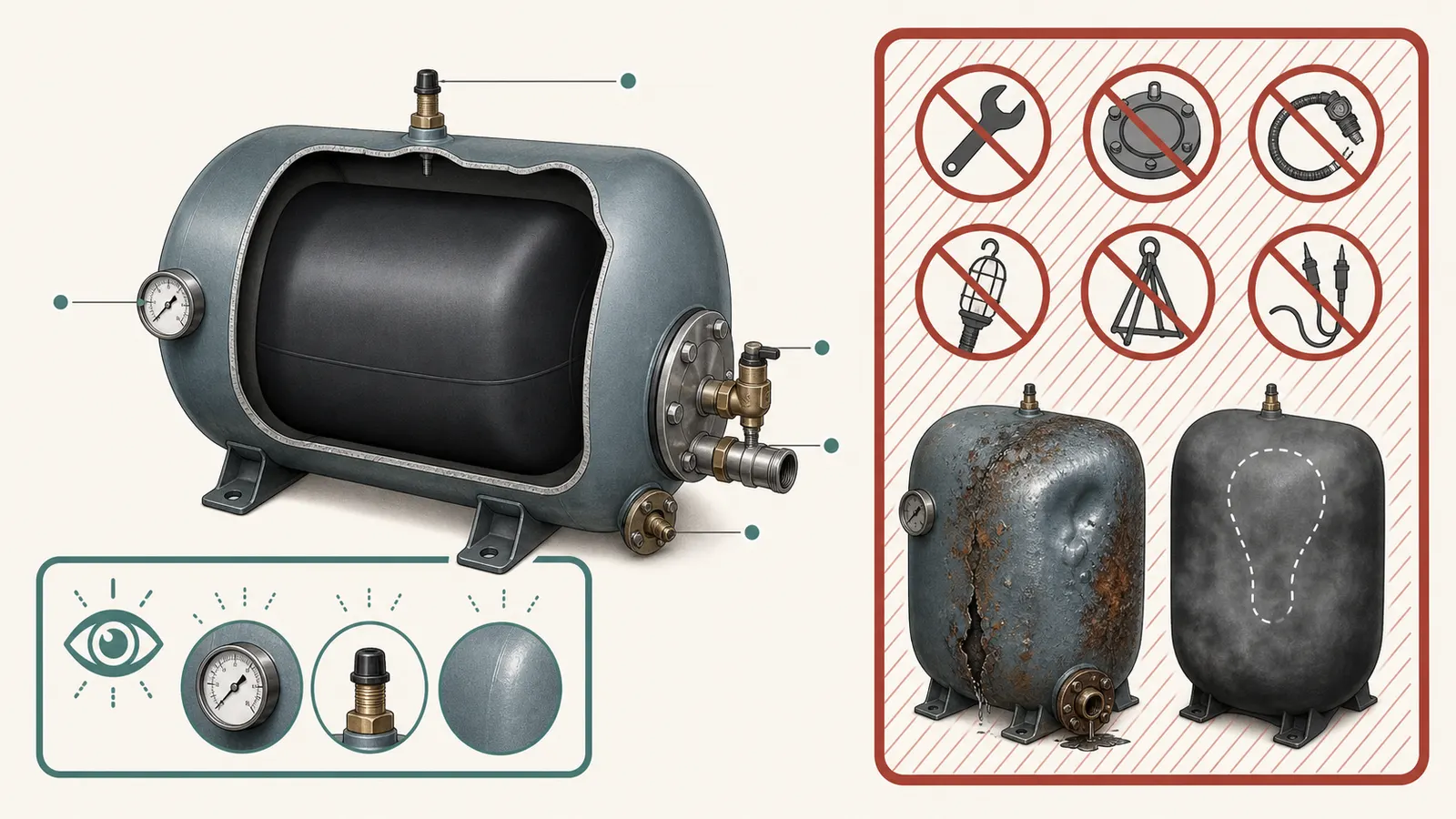 Pressure-tank cutaway marking shell corrosion, damaged fittings, maximum working pressure, and professional-only service zones