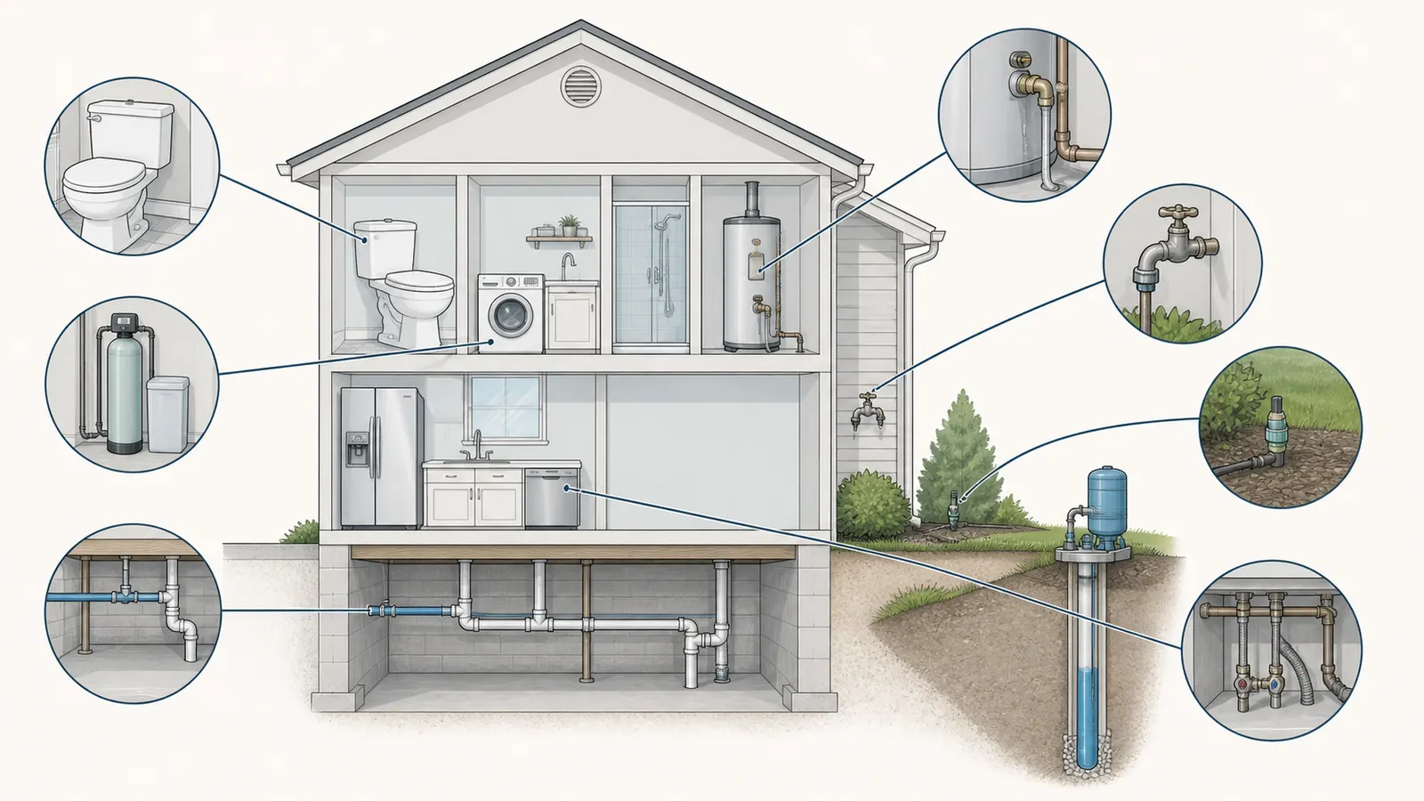 Common household leak checkpoints including toilets, outdoor faucets, treatment equipment, and water heaters