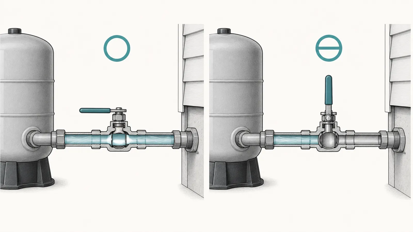 An existing house-side shutoff separating the home plumbing from the well equipment
