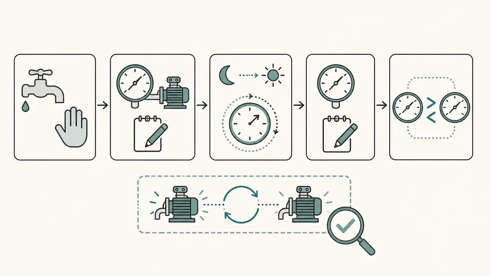 A timed pressure-log sequence from no-use setup to morning reading
