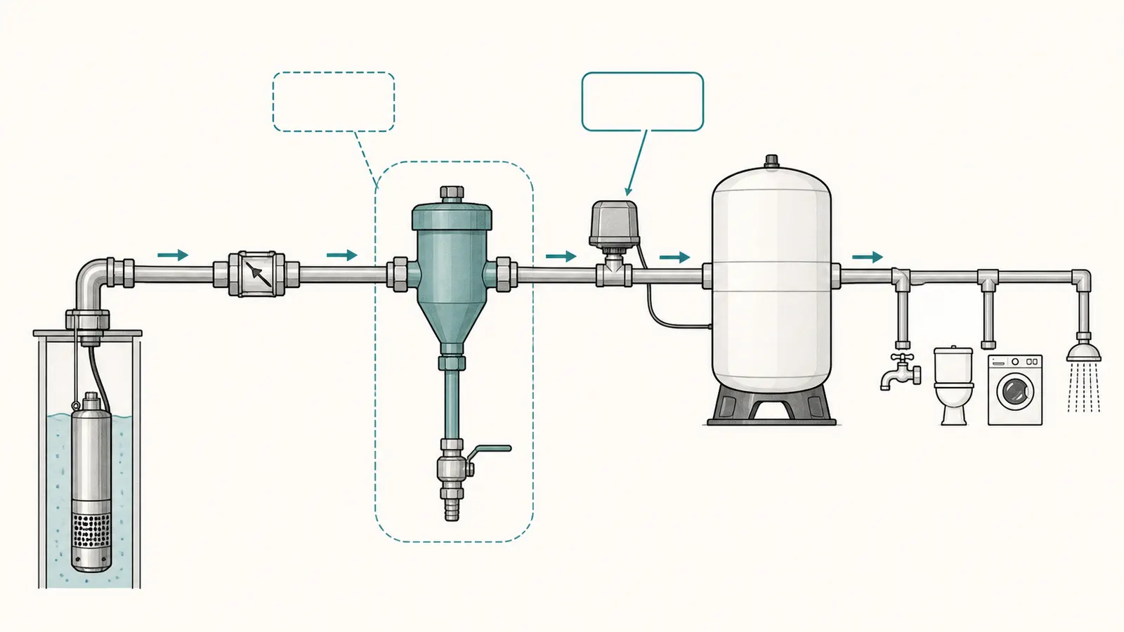 A private well pressure system divided into tank, house, buried line, and well-side branches
