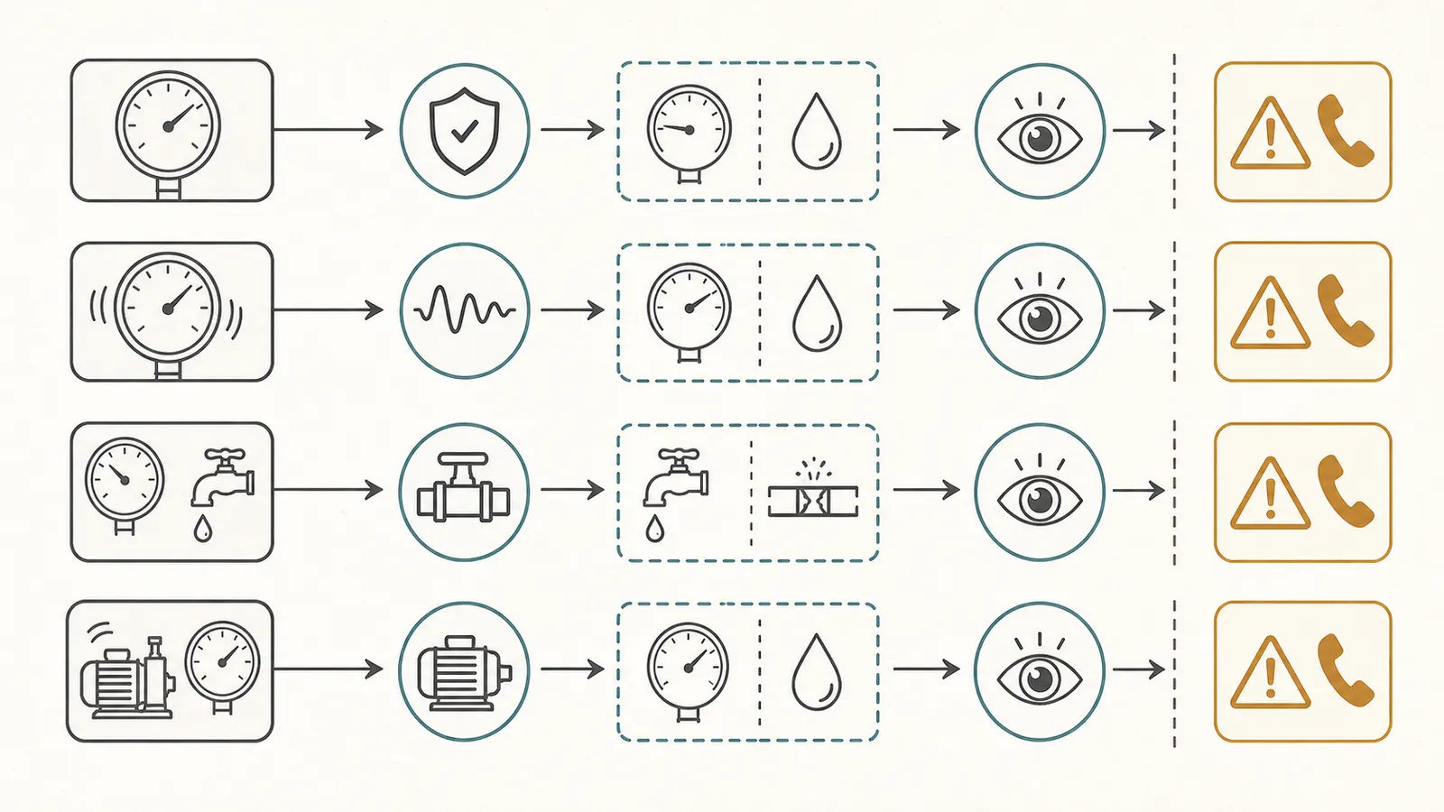 Decision map for stuck, drifting, non-zero-at-rest, and no-rise gauge readings