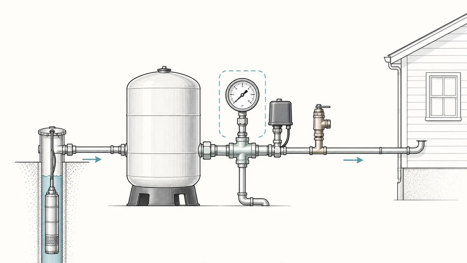 Well pressure gauge connected to a tank tee, with separate pump, switch, tank, and home-flow paths