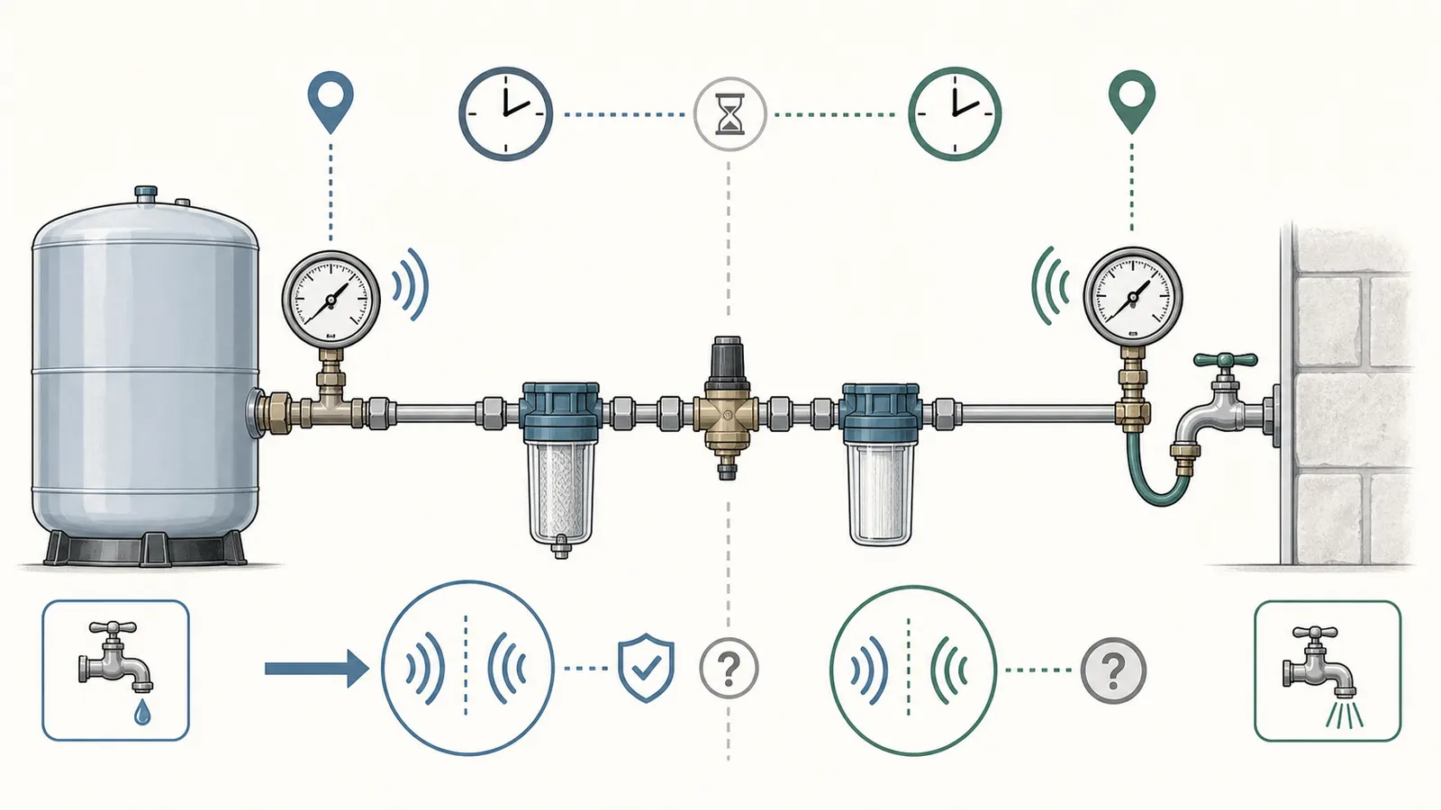 Comparison of tank-side gauge and hose-bib gauge as two timed readings with different limitations