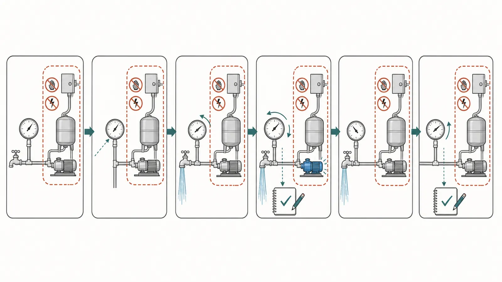 Safe observation sequence recording at-rest pressure, pump start, pump stop, flow, and cycle time