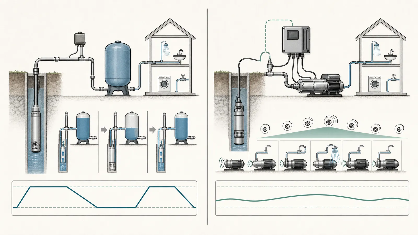 Conventional pressure-switch cycle compared with a variable-speed constant-pressure control loop
