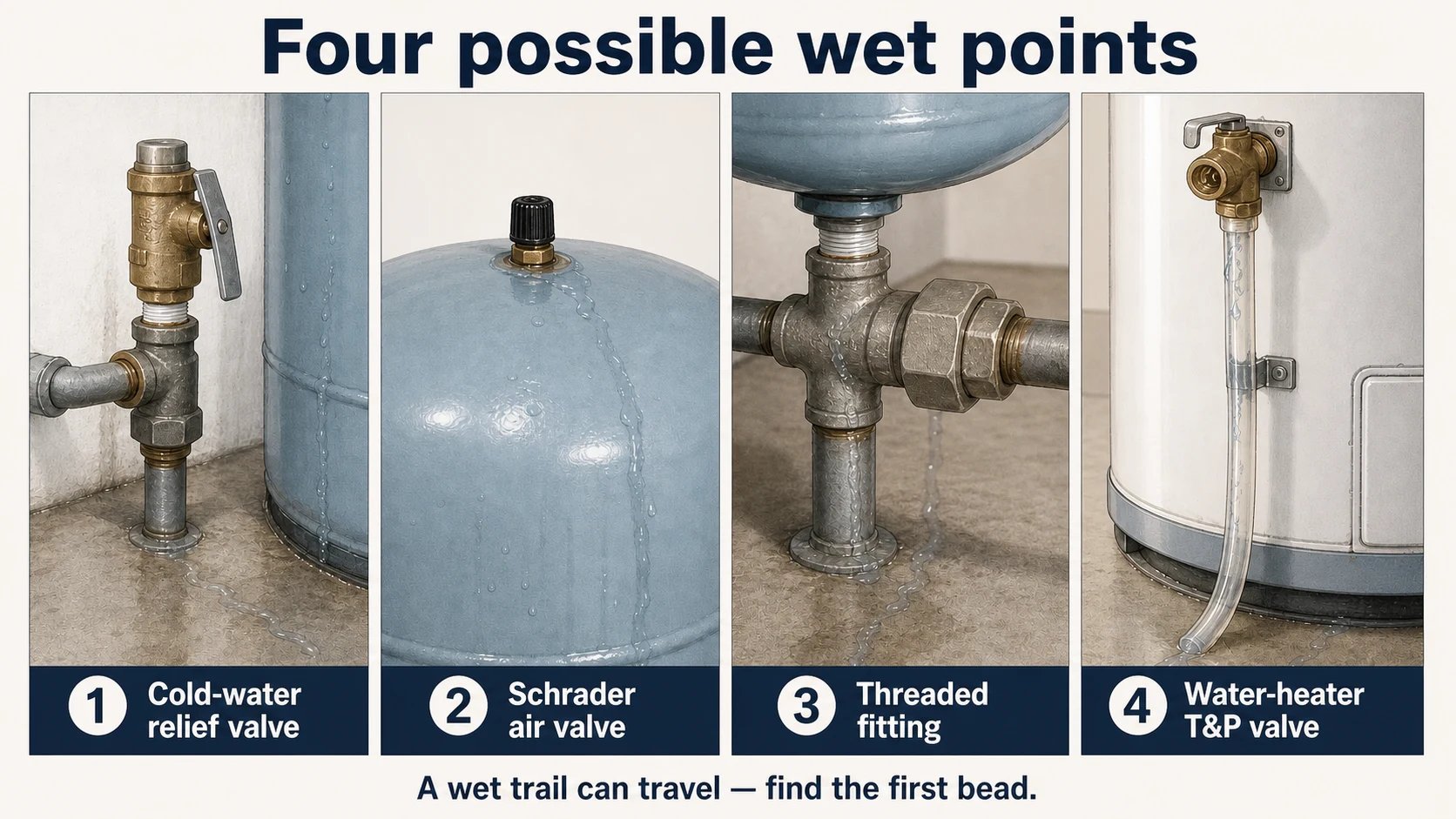 Comparison of a relief-valve discharge, Schrader valve, threaded fitting, and water-heater T&P valve