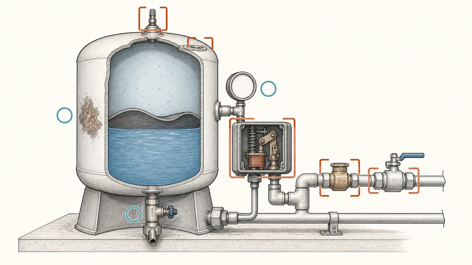 Pressure tank cutaway showing gauge, air valve, water connection, and qualified-service boundary