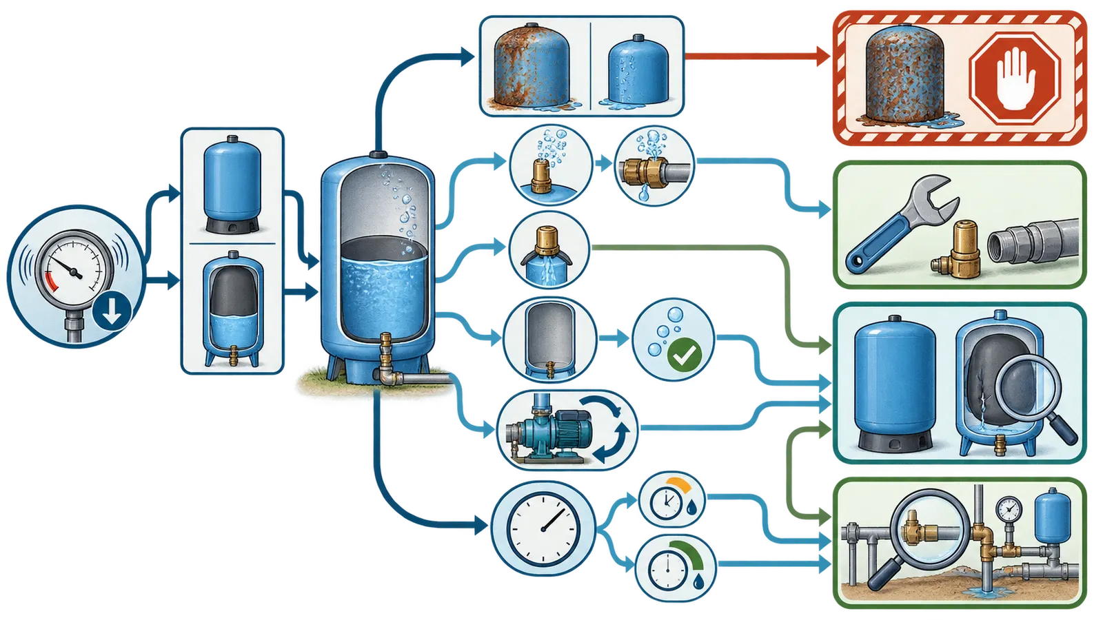 Decision map from repeated air loss to valve repair, tank replacement, or system investigation