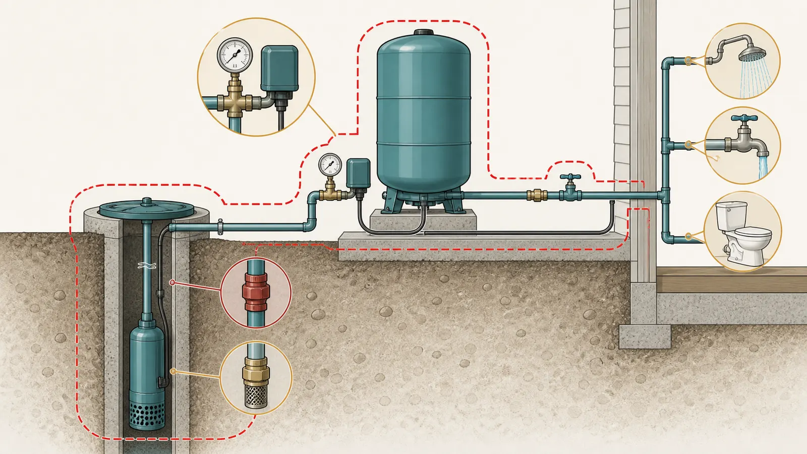 Cutaway of a pressure tank, gauge, pressure switch, pump, piping, and check-valve locations