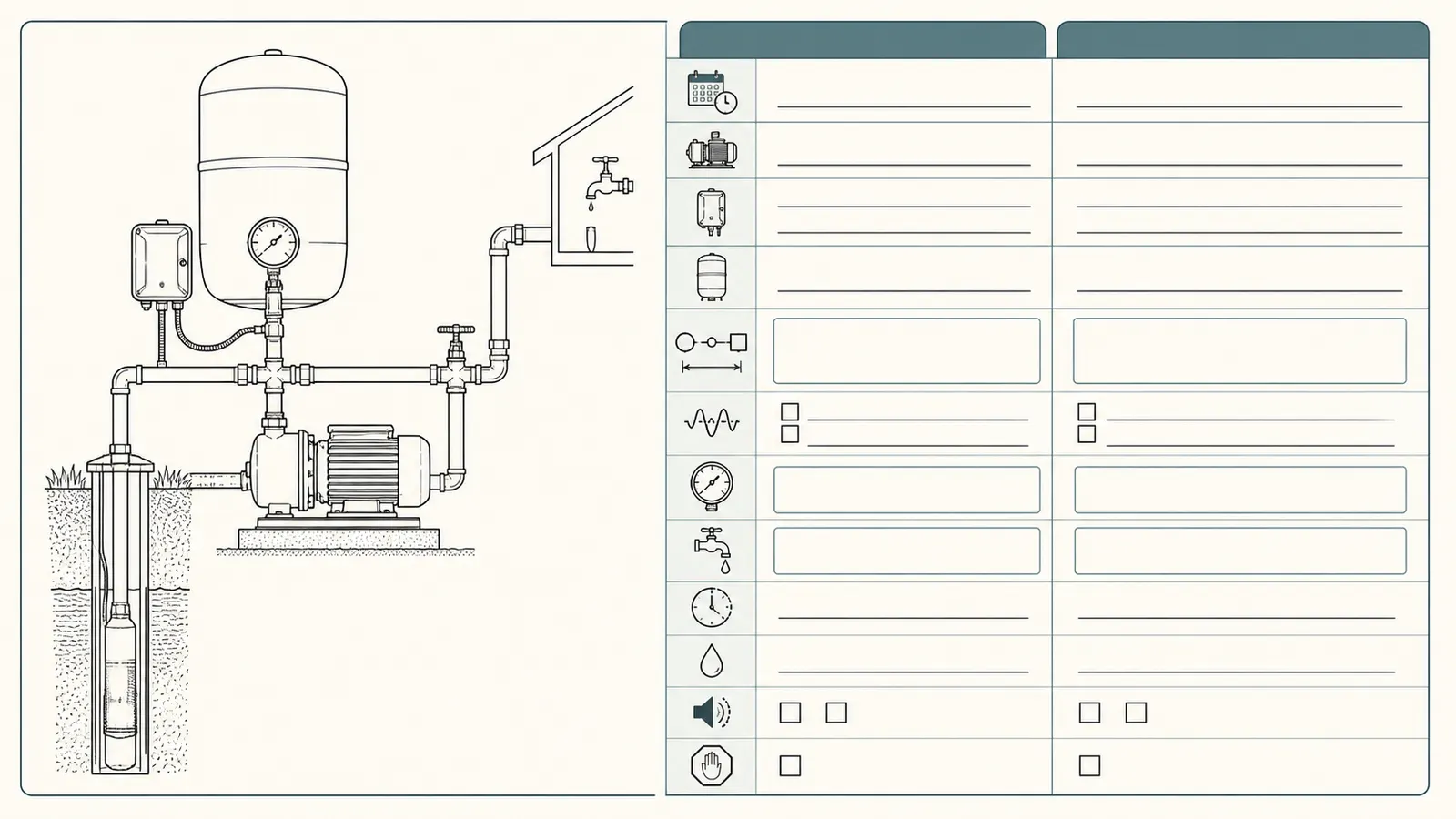 Reusable handoff sheet with fields for switch setting, chatter timing, gauge readings, tank location, water use, and power-off result