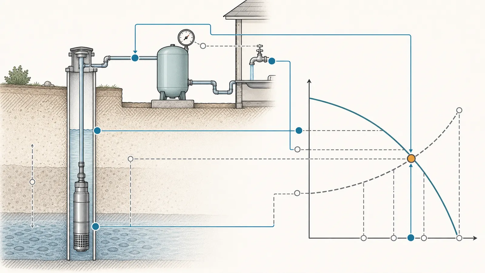 Hydraulic diagram linking pumping water level, pressure, flow, friction, and pump curve duty point