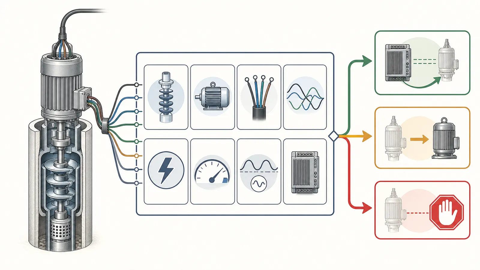 Decision map from photographed pump labels through wire, phase, voltage, horsepower, and controller checks