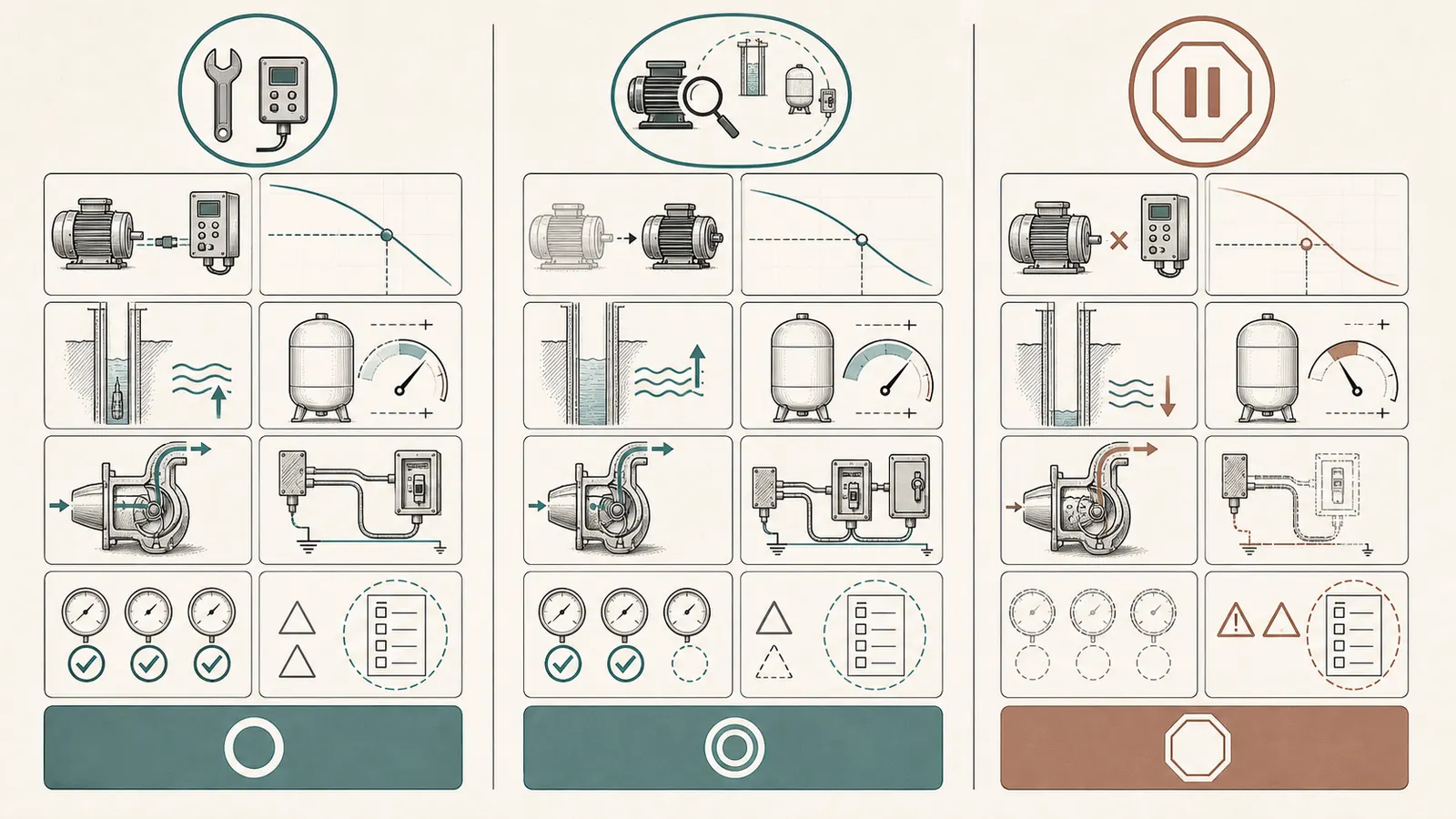 Three-column scope comparison for retrofit, pump replacement, and do-not-proceed outcomes