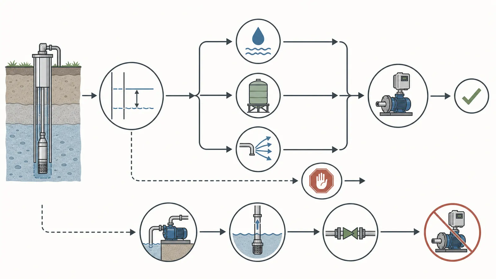 Decision branches for adequate well yield, storage needs, and priming or surface-pump exceptions