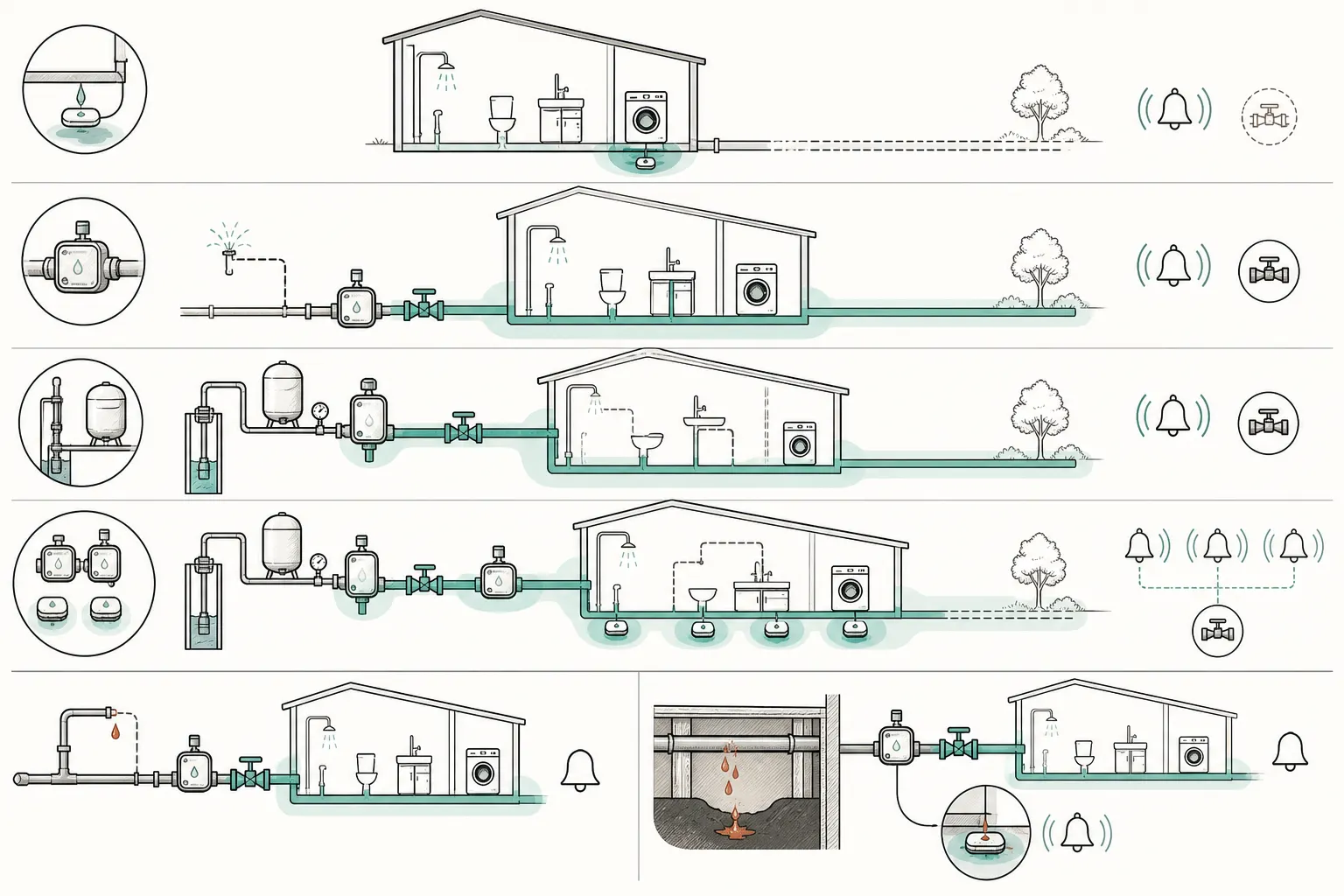 Coverage decision map showing what moisture, flow, and pump-side devices can and cannot see