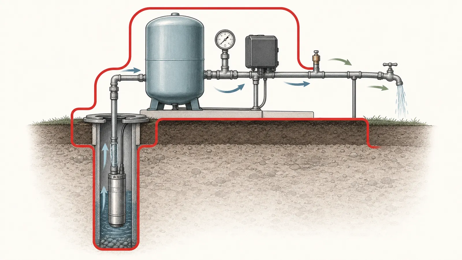 Safe observation cutaway of a pressure tank, gauge, fixture, and pump cycle with homeowner stop points