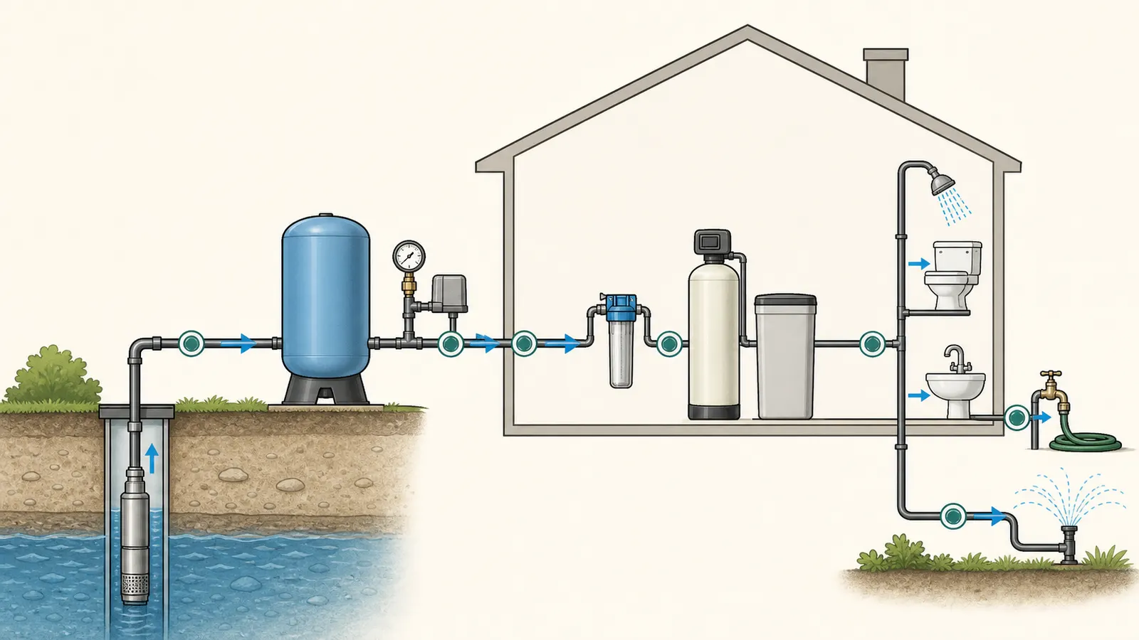 Residential private-well map showing pump, pressure tank, house main, treatment, irrigation, and branches