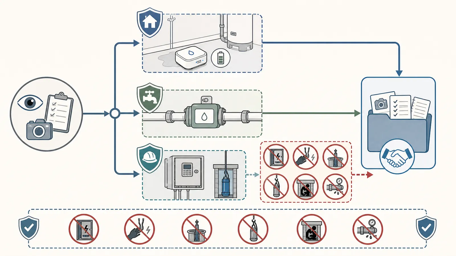 Safe handoff map from homeowner observations to plumber or well professional installation work