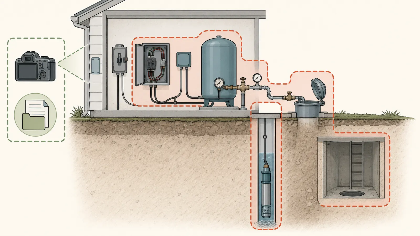 Safe homeowner observation boundary around a well pump control box, pressure tank, disconnect, wellhead, and pressurized plumbing